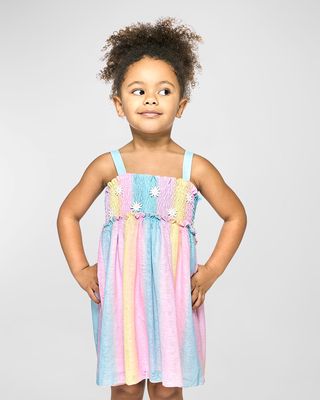 Girl's Smocked Daisy Applique Rainbow Dress, Size 7-10