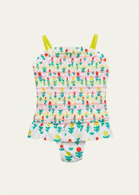 Girl's Smocked Dreamy Flowers-Print One-Piece Swimsuit, Size 2-10