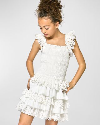 Girl's Smocked Embroidered Eyelet Tiered Dress, Size 7-14