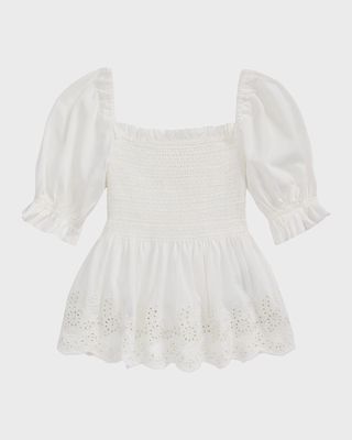 Girl's Smocked Embroidered Eyelet Top, Size 5-6X