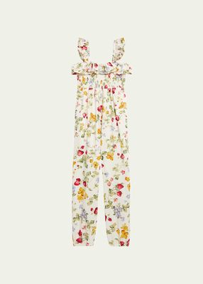 Girl's Smocked Floral & Fruit-Print Jumpsuit, Size 4-6X