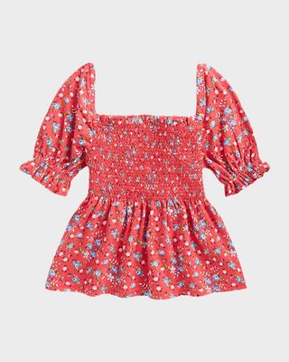 Girl's Smocked Floral-Print Top, Size 2-4