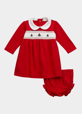 Girl's Smocked Holiday Dress & Bloomers Set, Size 0M-18M