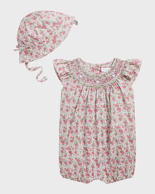 Girl's Smocked Poplin Bubble Shortall and Hat Set, Size 3M-24M