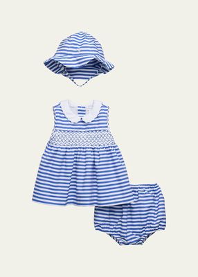 Girl's Smocked Poplin Top, Hat and Bloomers Set, Size 9M-24M