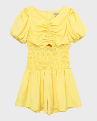 Girl's Smocked Puff-Sleeve Romper, Size 10-16