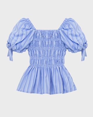 Girl's Smocked Stripe Puff-Sleeve Top, Size 7-16