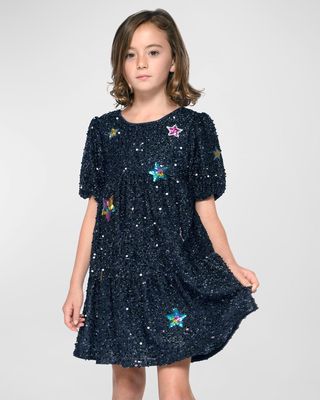Girl's Star Patched Sequin Dress, Size 7-14
