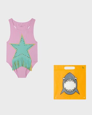 Girl's Star-Print Fringe One-Piece Swimsuit, Size 4-10