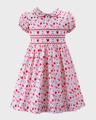 Girl's Strawberry-Print Hand Smocked Dress, Size 2-8