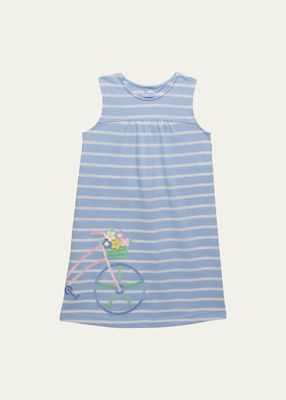 Girl's Striped Bicycle Flowers Embroidered Dress, Size 2-6X