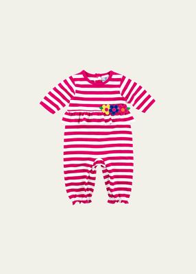 Girl's Striped Embroidered Flowers Coverall, Size 3M-18M
