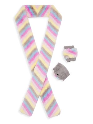 Girl's Striped Faux Fur Mittens & Scarf Set - Pastel Multi - Pastel Multi