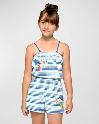 Girl's Striped Floral Embroidered Romper, Size 7-14