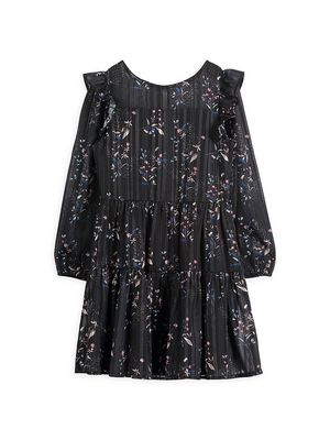 Girl's Striped Floral Print Chiffon Dress - Black - Size 8 - Black - Size 8