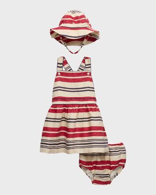 Girl's Striped Linen Dress, Hat and Bloomers Set, Size 9M-24M
