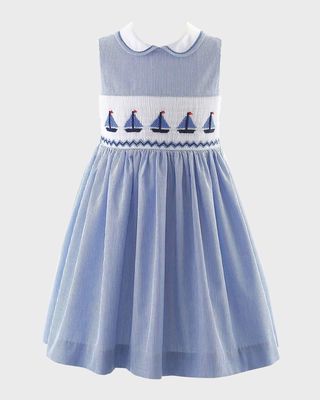 Girl's Striped Sailboat Hand Smocked Dress, Size 2-8