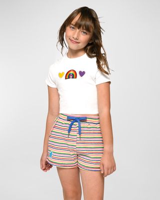Girl's Striped Shorts W/ Embroidered Patches, Size 7-14