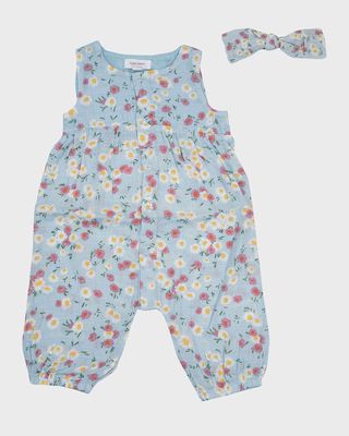 Girl's Sweet Camomile Muslin Romper With Headband, Size 3M-24M
