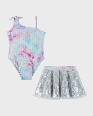 Girl's Tie Dye-Print Swimsuit And Skirt Set, Size 2-6