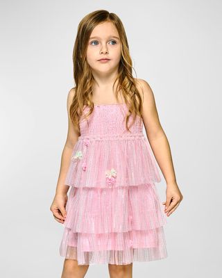 Girl's Tiered Sequin Floral Smocked Dress, Size 7-10