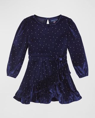 Girl's Velvet Faux Wrap Polkadot-Print Dress, Size 2-6X