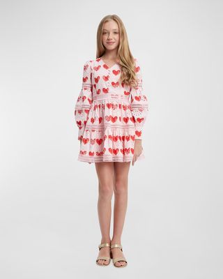 Girl's Venice Heart-Print Dress, Size 4-10