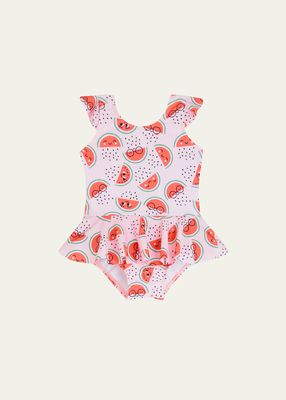 Girl's Watermelon Frill One-Piece Swimsuit, Size 2-5