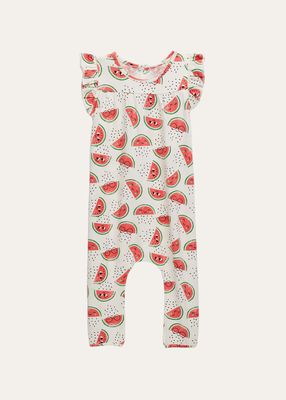 Girl's Watermelon Frill-Trim Jumpsuit, Size 3M-24M