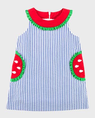 Girl's Watermelon Pockets Seersucker Dress, Size 2-6