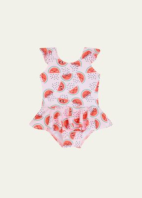 Girl's Watermelon-Print Frill Swimsuit, Size Newborn-24M