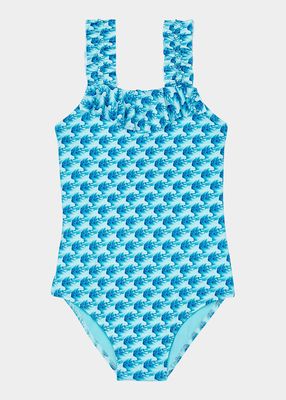 Girl's Waves-Print Ruffle One-Piece Swimsuit, Size 2T-14