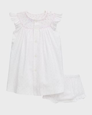 Girl's White Pink Swiss Dot Dress And Bloomers, Size 3M-24M
