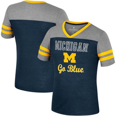 Girls Youth Colosseum Navy/Heather Gray Michigan Wolverines Summer Striped V-Neck T-Shirt