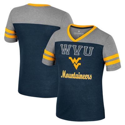 Girls Youth Colosseum Navy/Heather Gray West Virginia Mountaineers Summer Striped V-Neck T-Shirt