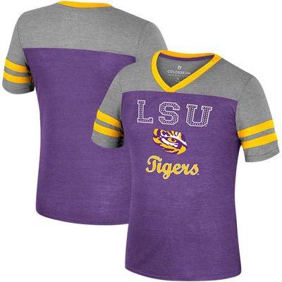 Girls Youth Colosseum Purple/Heather Gray LSU Tigers Summer Striped V-Neck T-Shirt
