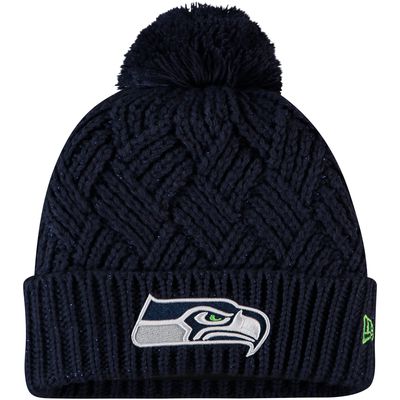 Girls Youth New Era College Navy Seattle Seahawks Brisk Cuffed Knit Hat with Pom