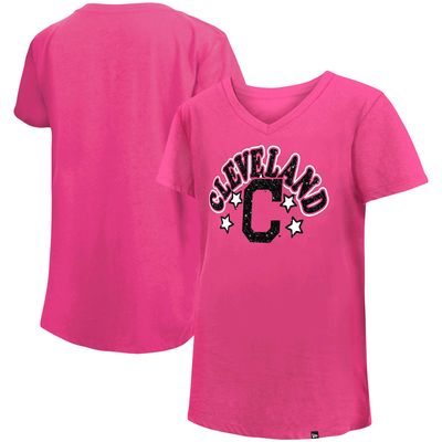 Girl's Youth New Era Pink Cleveland Indians Jersey Stars V-Neck T-Shirt