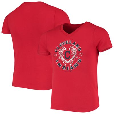 Girls Youth Red Cleveland Indians Heart V-Neck T-Shirt