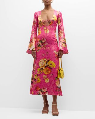 Gisele Metallic Floral Plunging Long-Sleeve Midi Dress