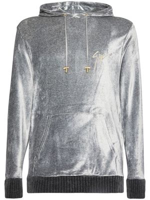 Giuseppe Zanotti embroidered-logo velvet hoodie - Grey