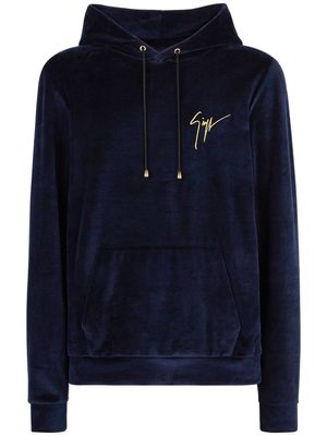 Giuseppe Zanotti logo-embroidered velvet hoodie - Blue