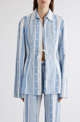 Givenchy 4G Mixed Stripe Front Tie Cotton & Linen Tunic in Blue/Off White