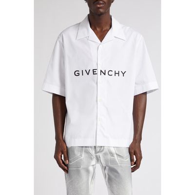 Givenchy Boxy Fit Logo Button-Up Camp Shirt in White/Black