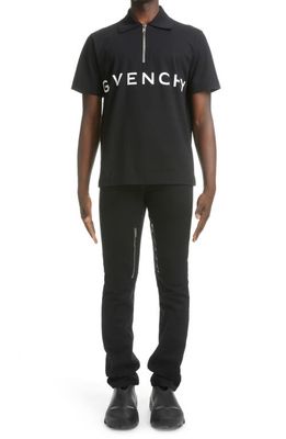 Givenchy Classic Fit Logo Piqué Cotton Zip Polo in Black/White