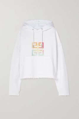 Givenchy - Cropped Distressed Printed Cotton-jersey Hoodie - White
