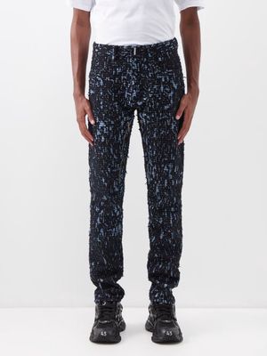 Givenchy - Distressed 4g-jacquard Slim-leg Jeans - Mens - Black Blue