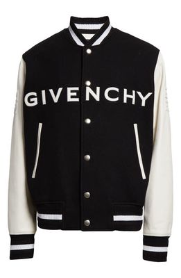 Givenchy Embroidered Logo Mixed Media Leather & Wool Blend Varsity Jacket in Black/White