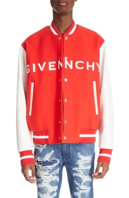 Givenchy Embroidered Logo Mixed Media Leather & Wool Blend Varsity Jacket in White/Red