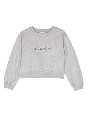 Givenchy Grey Cropped Sweatshirt With Glitter Logo Print And 4g Motif In Cotton Girl